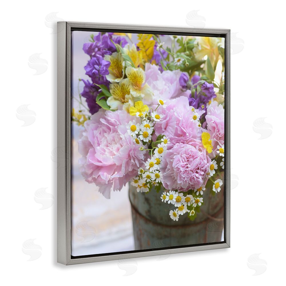 Claire Brocato Spring Blooms in Bucket Grey Floating Frame Canvas Wall Art Print