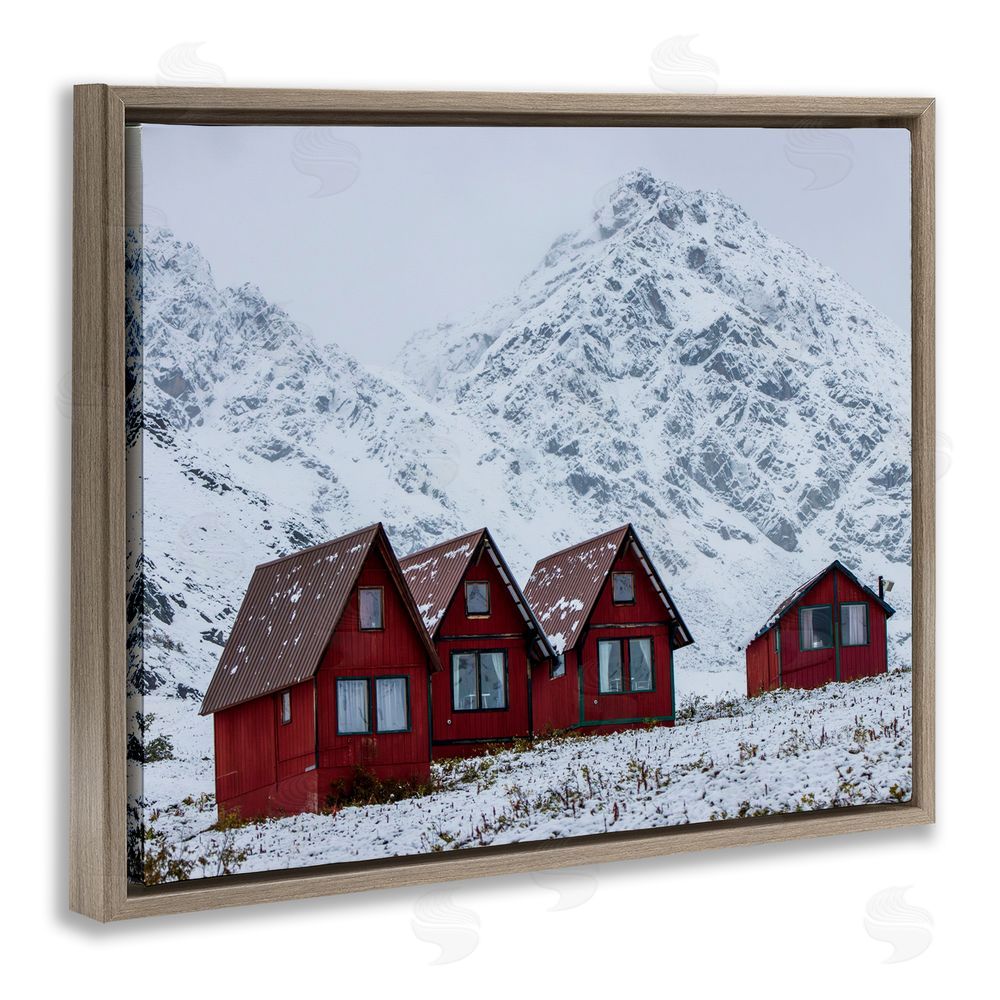 Daniel Sproul Snowy Mountain Shacks Brown Floating Frame Canvas Wall Art Print