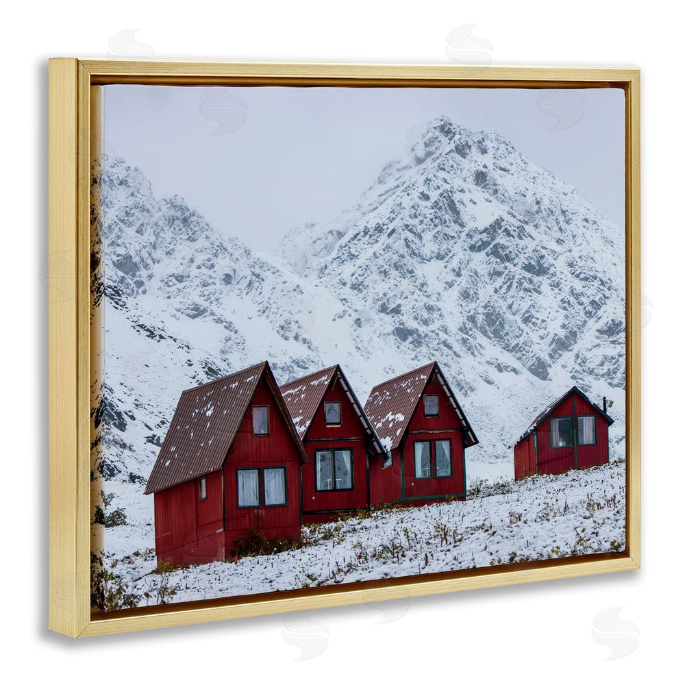 Daniel Sproul Snowy Mountain Shacks Gold Floating Frame Canvas Wall Art Print