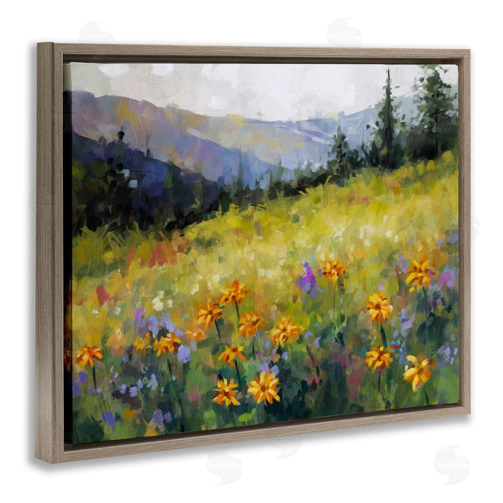 Ziwei Li Flower Meadow Painting Brown Floating Frame Canvas Wall Art Print