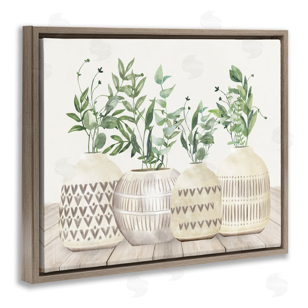 Kim Allen Herbs in Pottery Still Life Brown Floating Frame Canvas Wall Art Print