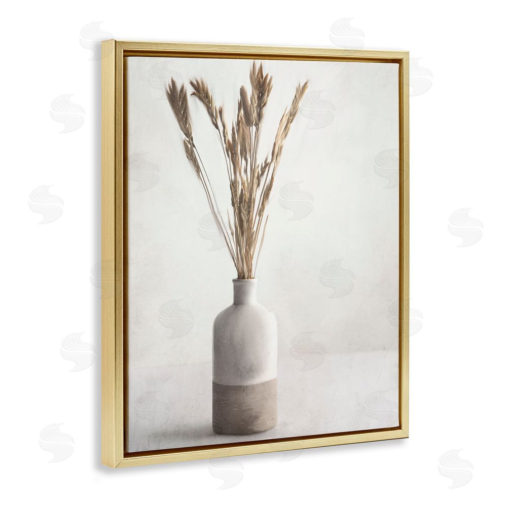 Kim Allen Neutral Wheat Sprigs Gold Floating Frame Canvas Wall Art Print