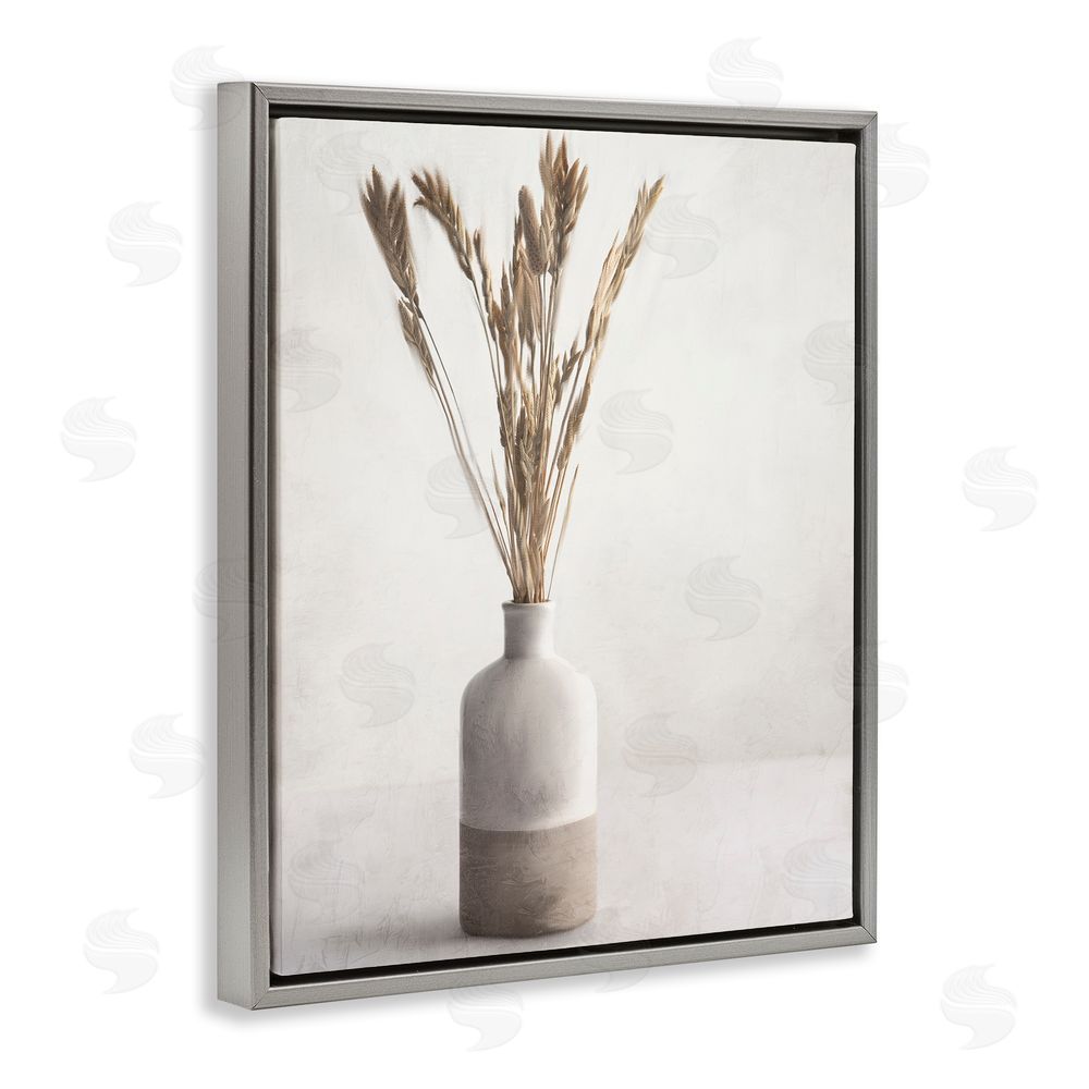 Kim Allen Neutral Wheat Sprigs Grey Floating Frame Canvas Wall Art Print