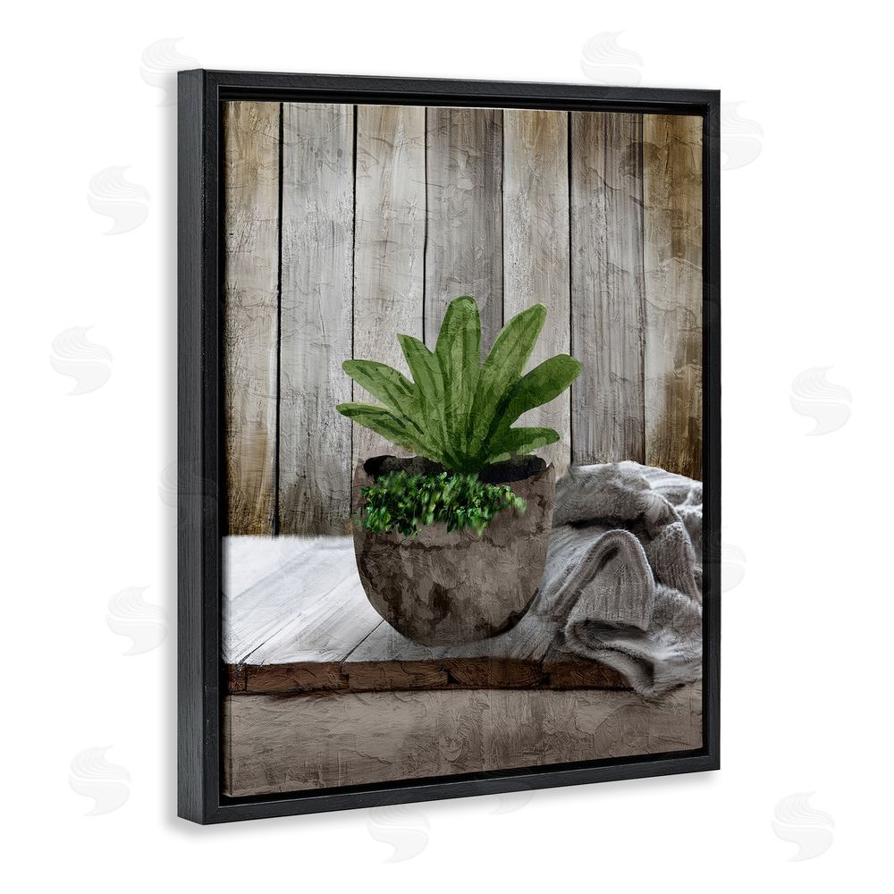 Kim Allen Cozy Rustic Potted Plant Black Floating Frame Canvas Wall Art Print