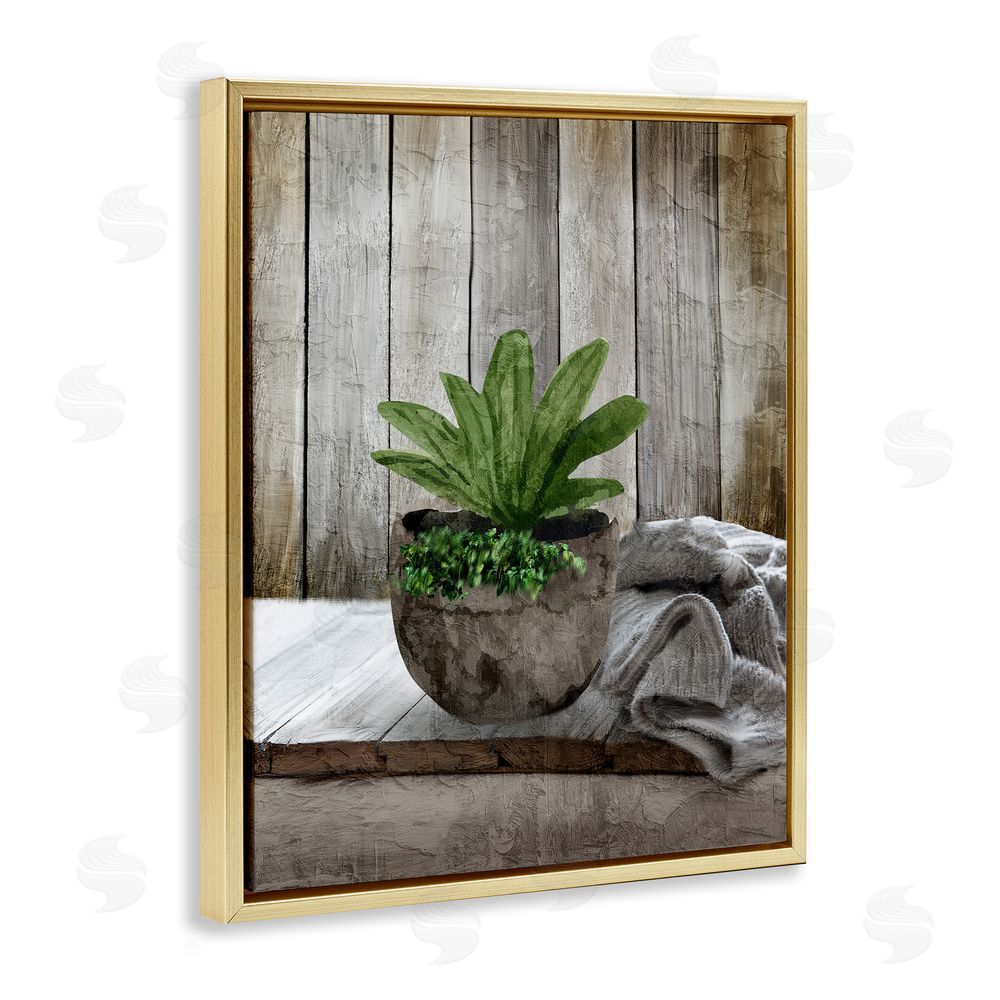 Kim Allen Cozy Rustic Potted Plant Gold Floating Frame Canvas Wall Art Print