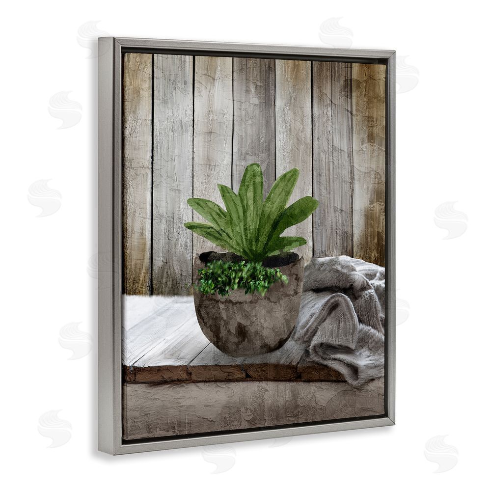Kim Allen Cozy Rustic Potted Plant Grey Floating Frame Canvas Wall Art Print