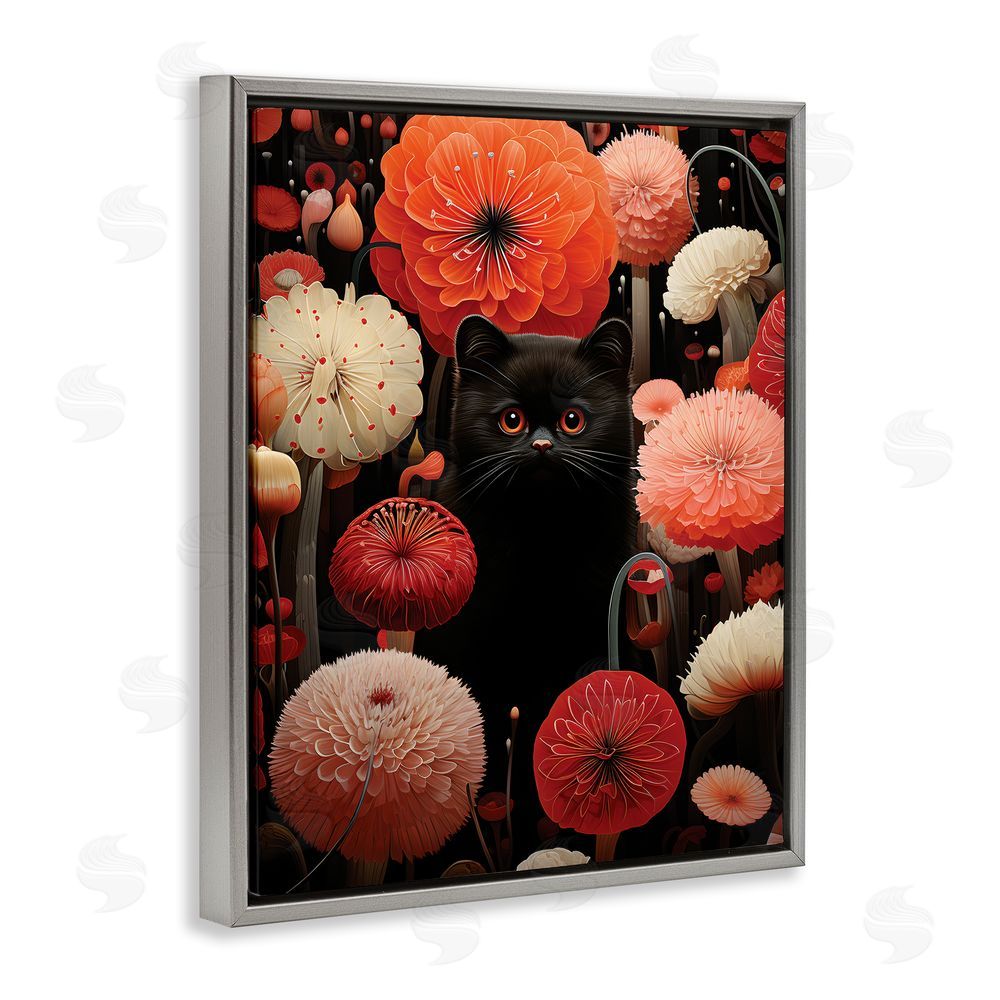 Gary Shergill Designs Black Cat Among Dahlias Grey Floating Frame Canvas Wall Art Print