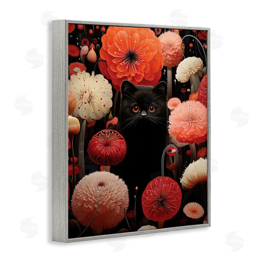 Gary Shergill Designs Black Cat Among Dahlias Gray Framed Giclee Wall Art Print
