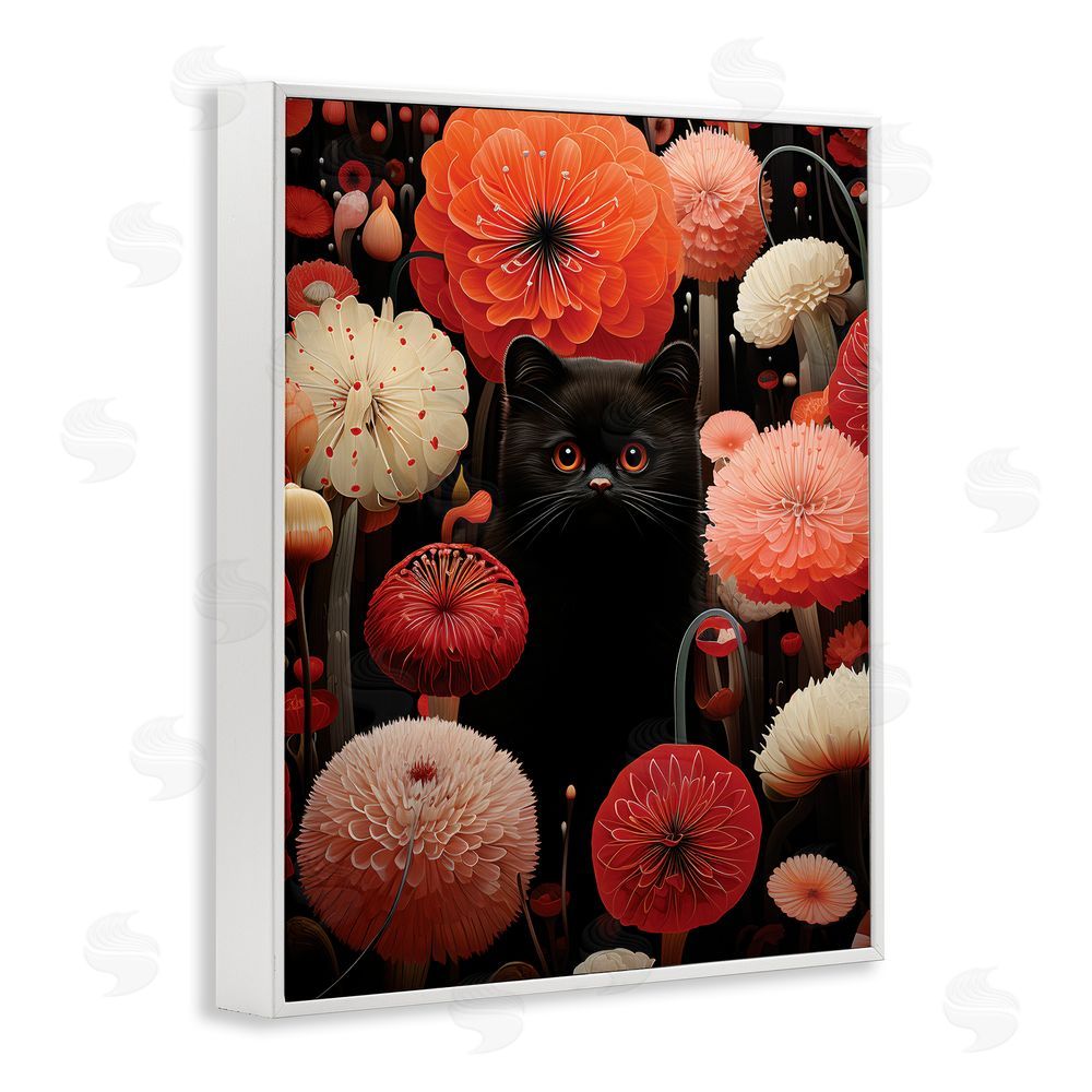 Gary Shergill Designs Black Cat Among Dahlias White Framed Giclee Wall Art Print