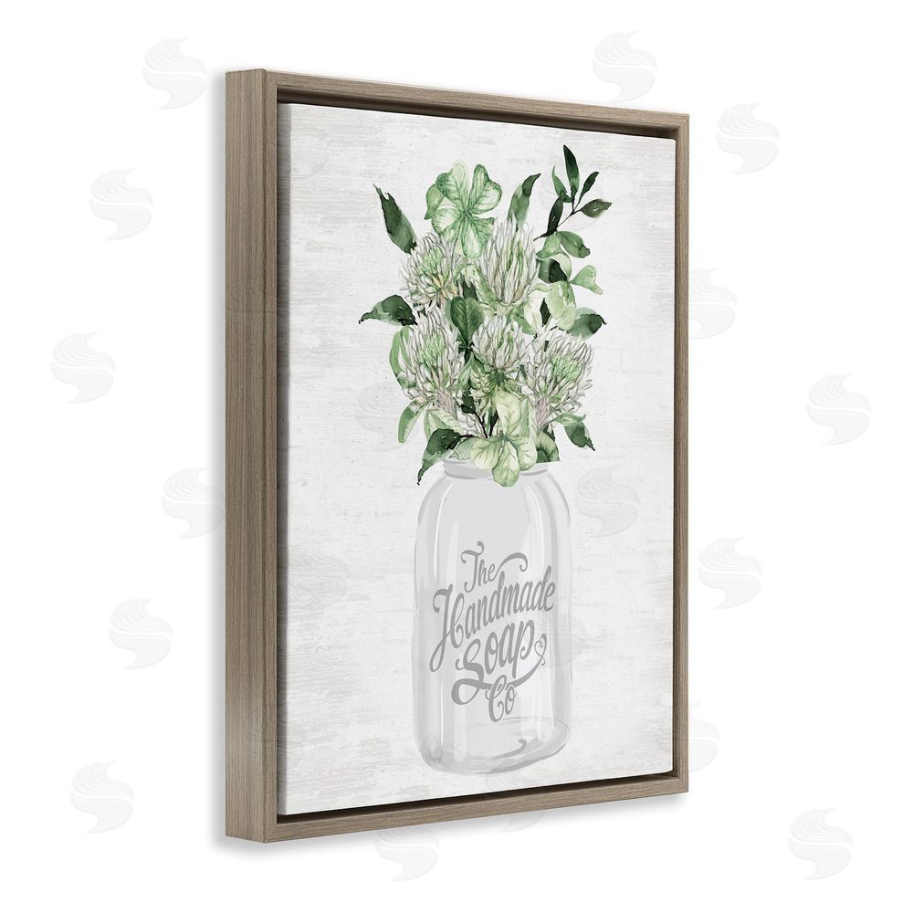 Lettered and Lined Herbal Blooms in Jar Brown Floating Frame Canvas Wall Art Print
