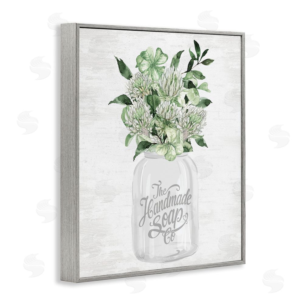 Lettered and Lined Herbal Blooms in Jar Gray Framed Giclee Wall Art Print