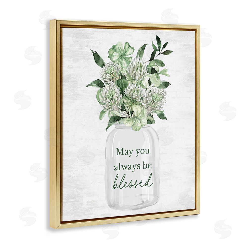 Lettered and Lined Be Blessed Herb Bouquet Gold Floating Frame Canvas Wall Art Print