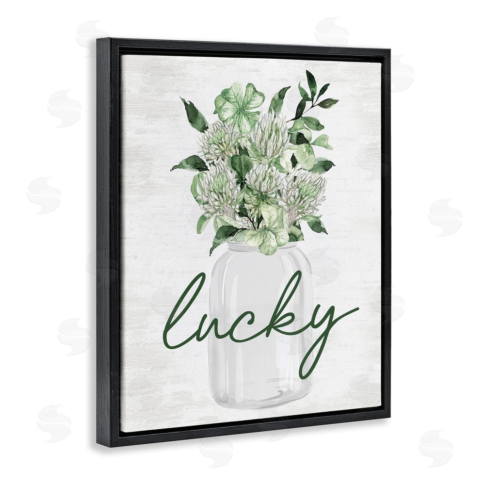 Lettered and Lined Lucky Clover Herb Bouquet Black Floating Frame Canvas Wall Art Print
