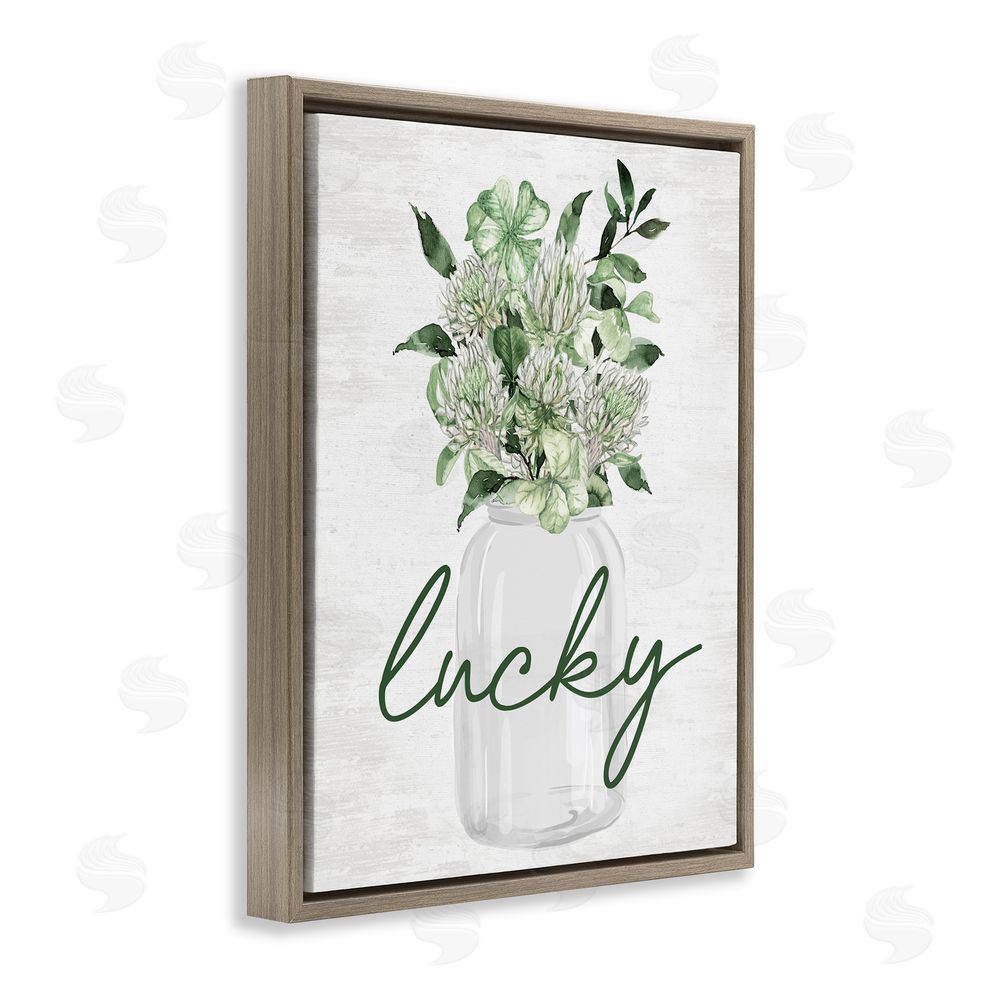 Lettered and Lined Lucky Clover Herb Bouquet Brown Floating Frame Canvas Wall Art Print