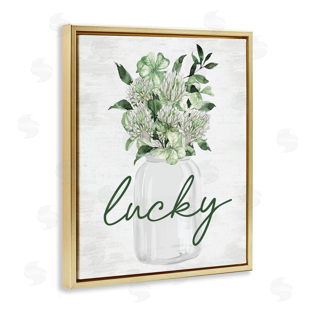 Lettered and Lined Lucky Clover Herb Bouquet Gold Floating Frame Canvas Wall Art Print