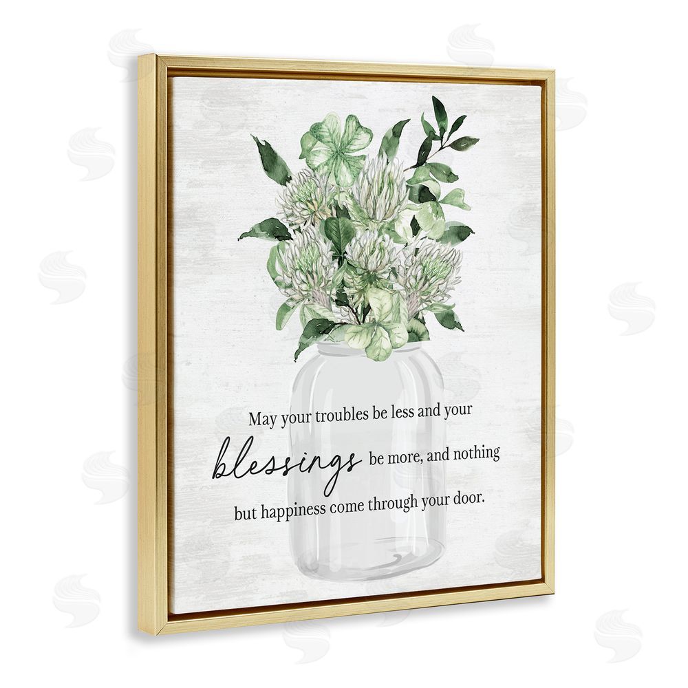 Lettered and Lined Blessings & Happiness Proverb Gold Floating Frame Canvas Wall Art Print