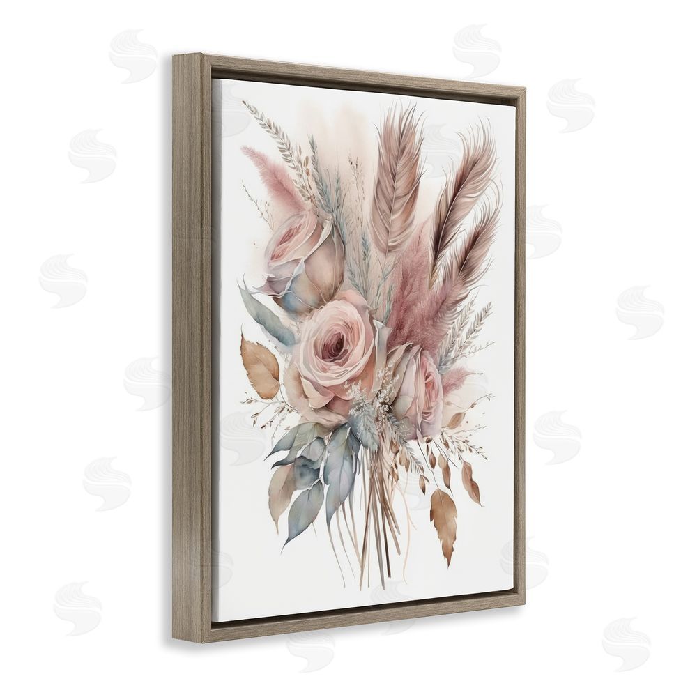 LSR Design Studio Soft Pink Rose Bundle Brown Floating Frame Canvas Wall Art Print