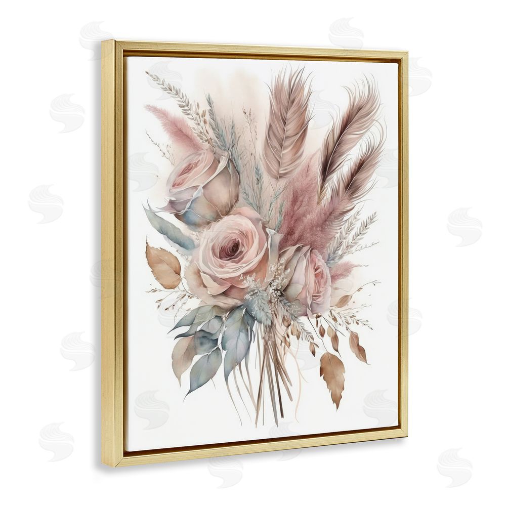 LSR Design Studio Soft Pink Rose Bundle Gold Floating Frame Canvas Wall Art Print