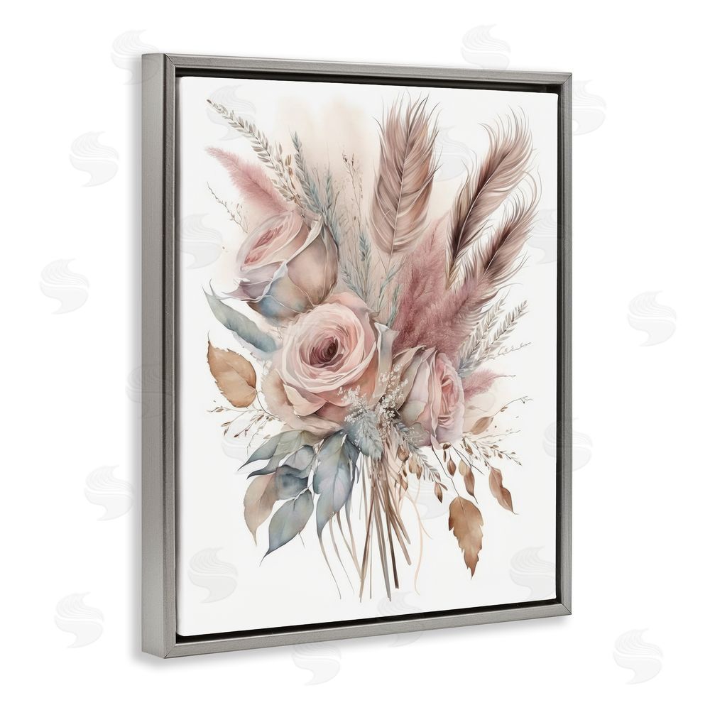 LSR Design Studio Soft Pink Rose Bundle Grey Floating Frame Canvas Wall Art Print