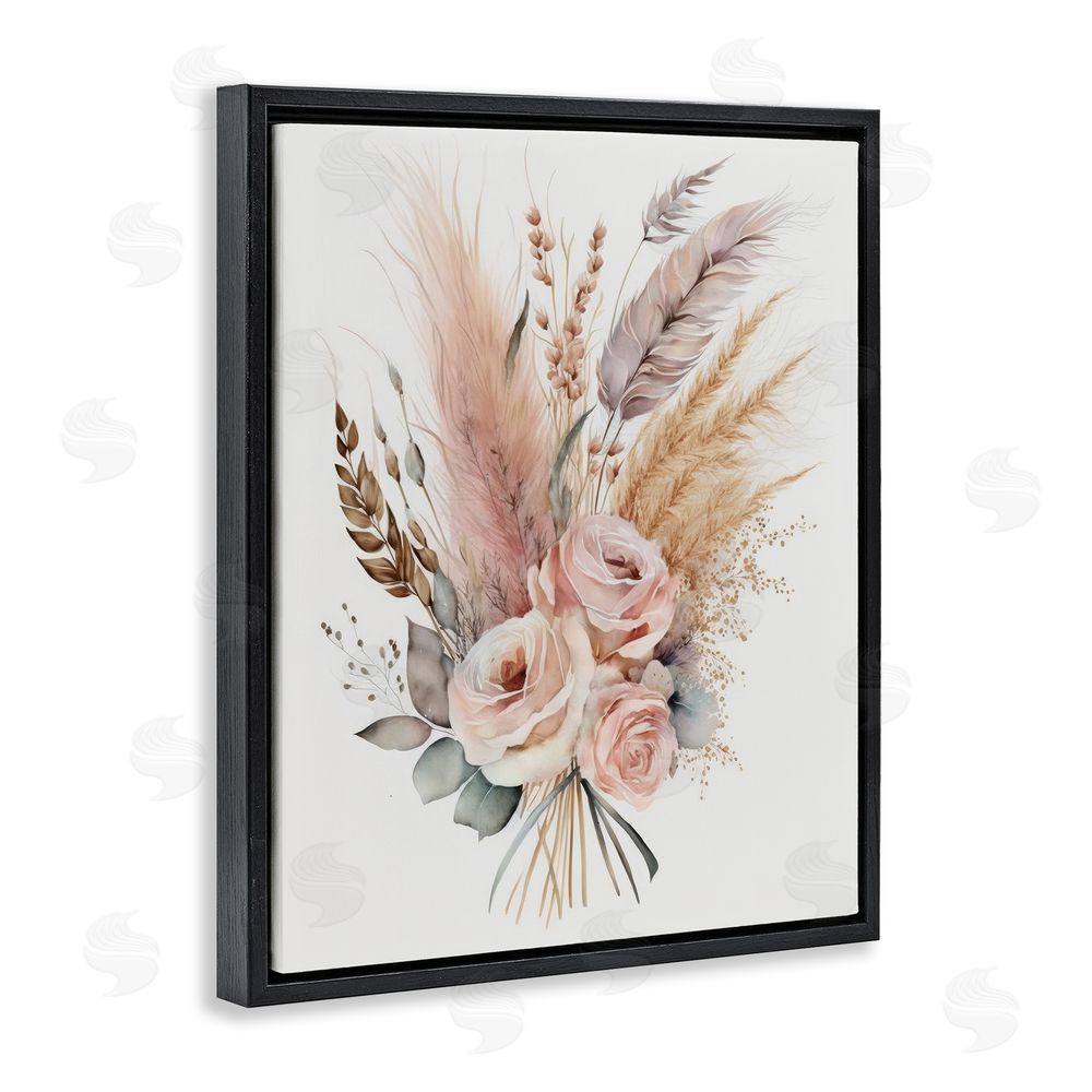 LSR Design Studio Boho Feathers & Roses Black Floating Frame Canvas Wall Art Print