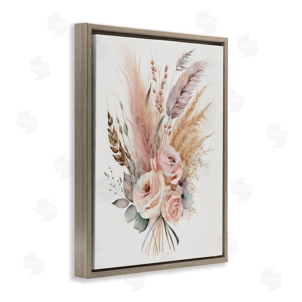 LSR Design Studio Boho Feathers & Roses Brown Floating Frame Canvas Wall Art Print