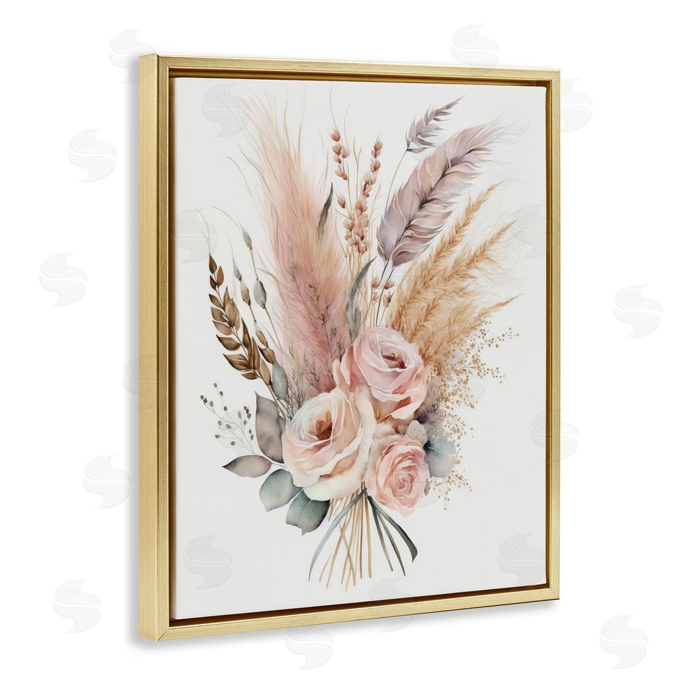 LSR Design Studio Boho Feathers & Roses Gold Floating Frame Canvas Wall Art Print