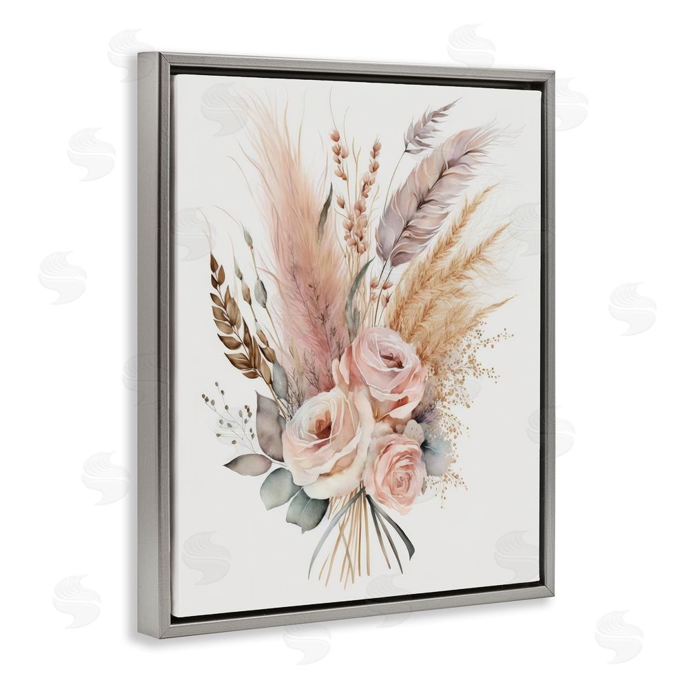 LSR Design Studio Boho Feathers & Roses Grey Floating Frame Canvas Wall Art Print