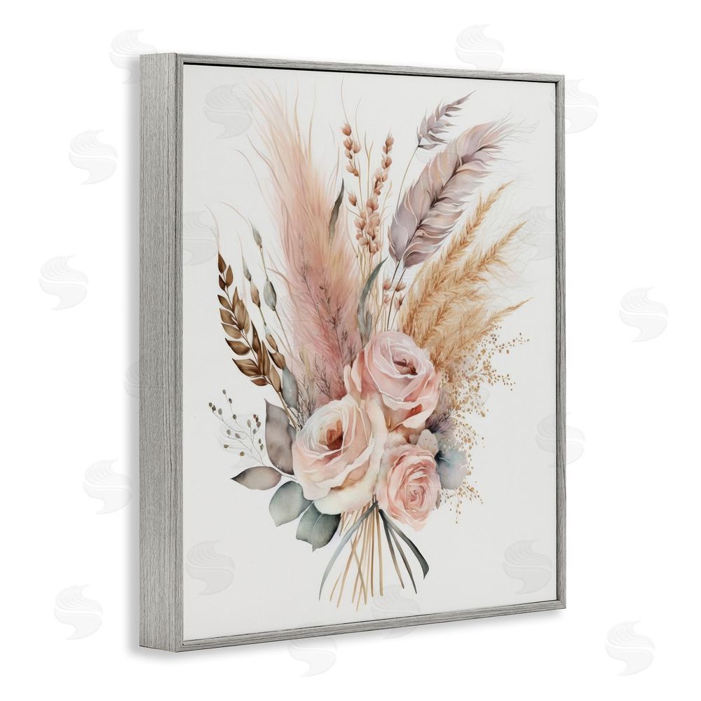 LSR Design Studio Boho Feathers & Roses Gray Framed Giclee Wall Art Print