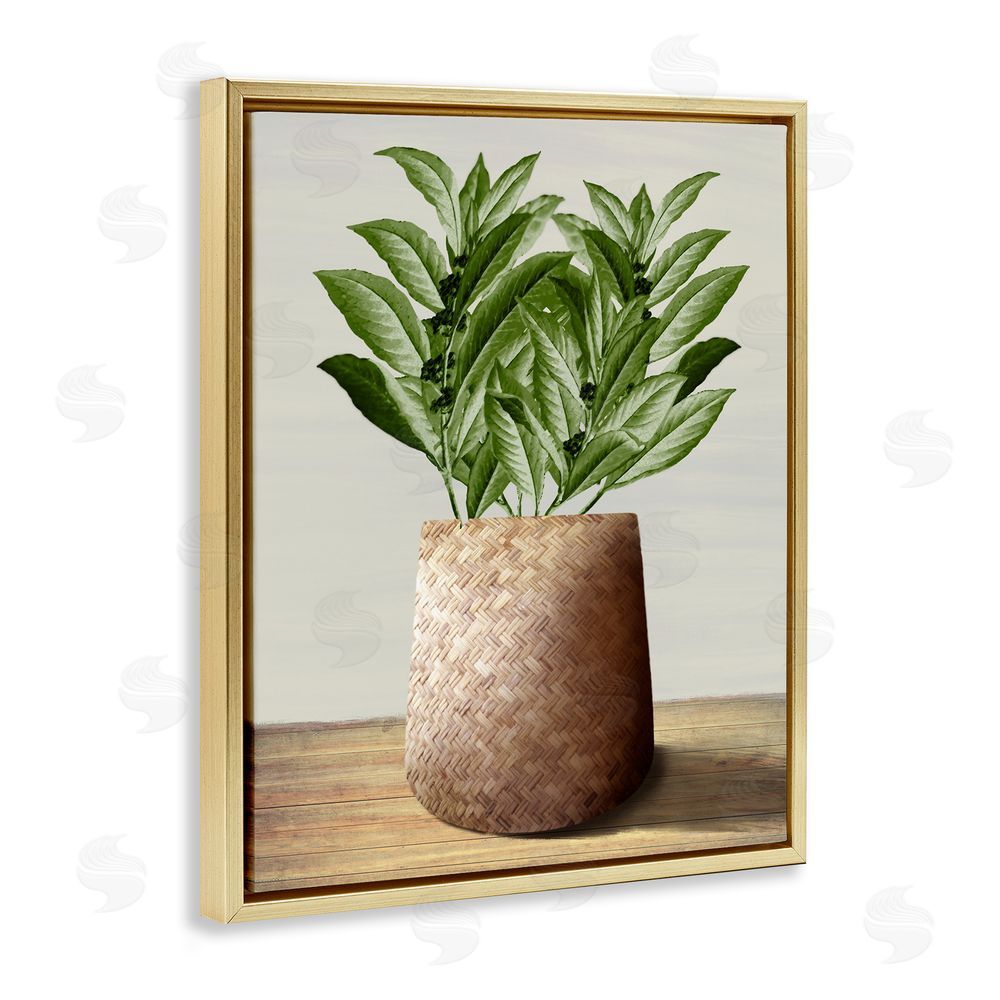 Marcus Prime Greenery in Woven Planter Gold Floating Frame Canvas Wall Art Print