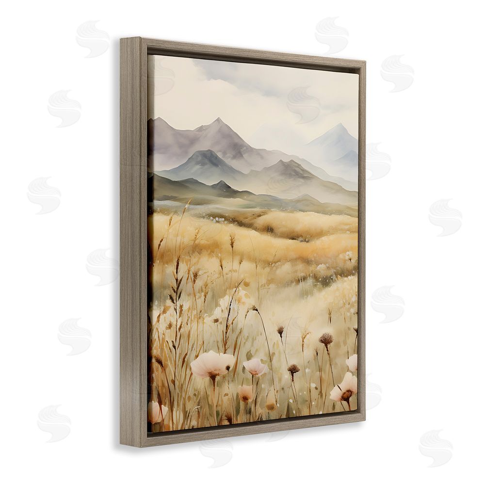 Petal Prints Design Soft Mountainside Meadow Brown Floating Frame Canvas Wall Art Print