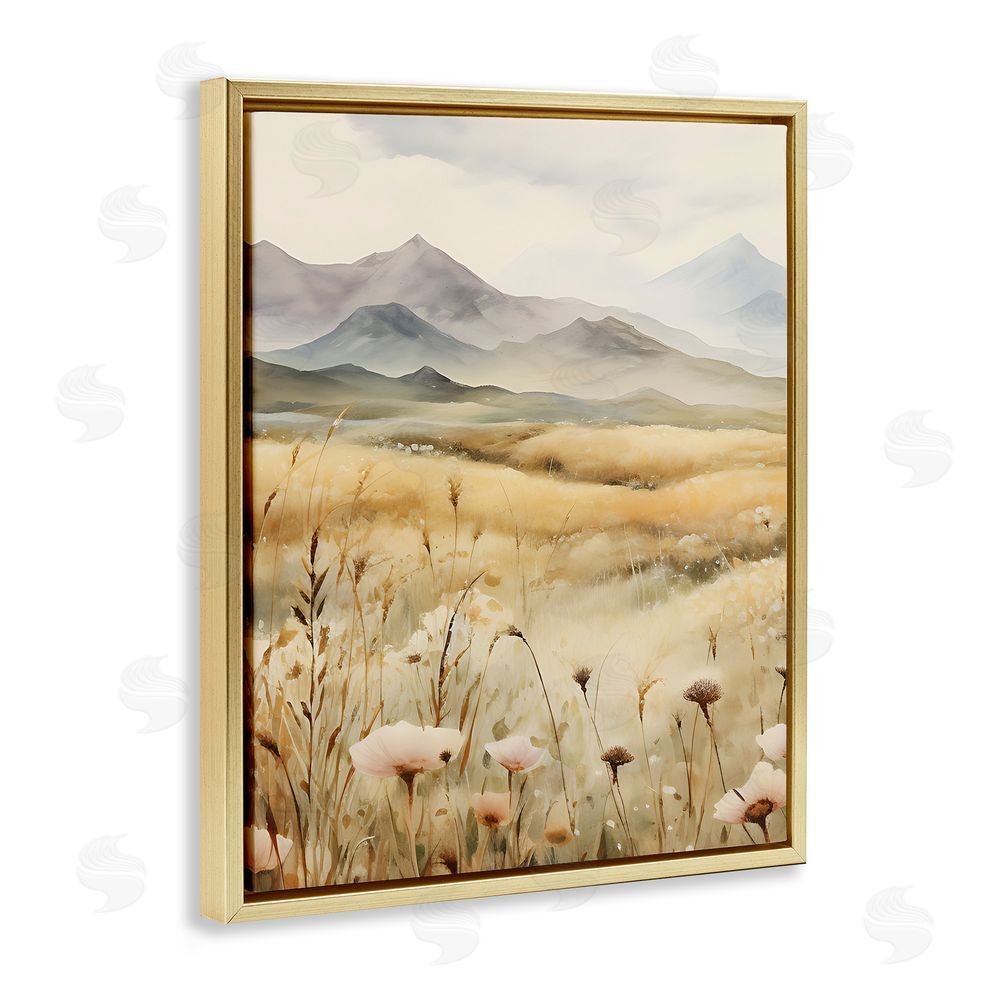 Petal Prints Design Soft Mountainside Meadow Gold Floating Frame Canvas Wall Art Print