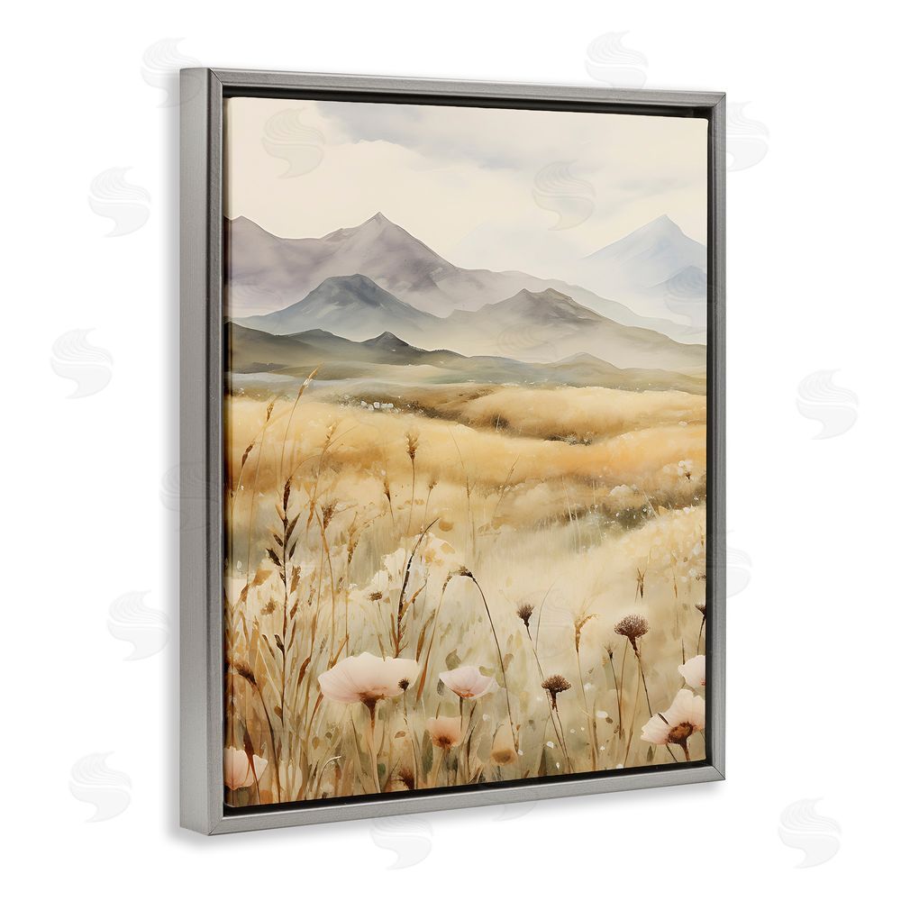 Petal Prints Design Soft Mountainside Meadow Grey Floating Frame Canvas Wall Art Print