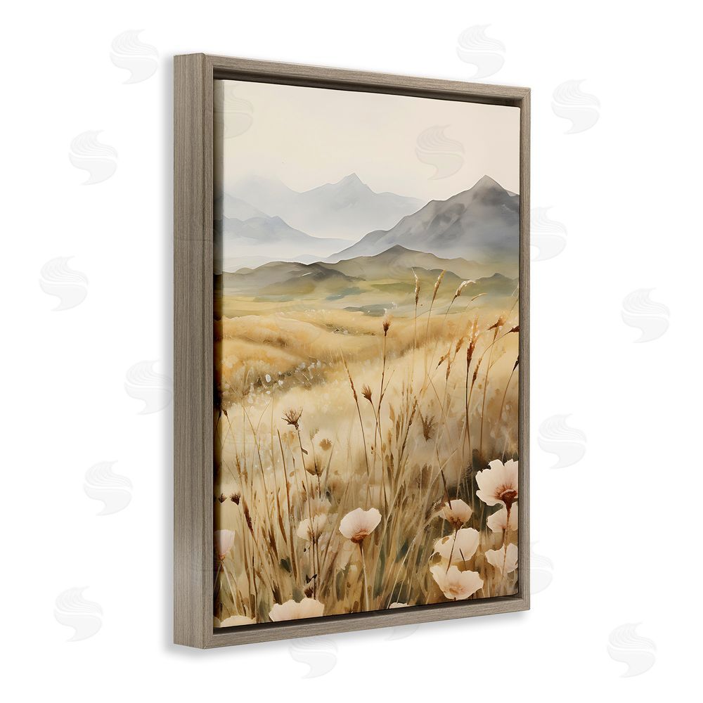Petal Prints Design Mountain View Meadow Brown Floating Frame Canvas Wall Art Print