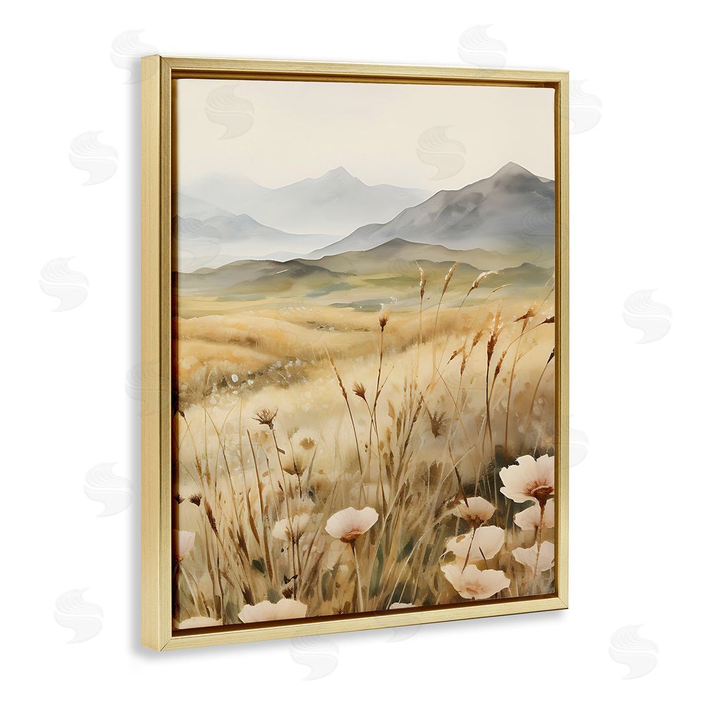 Petal Prints Design Mountain View Meadow Gold Floating Frame Canvas Wall Art Print
