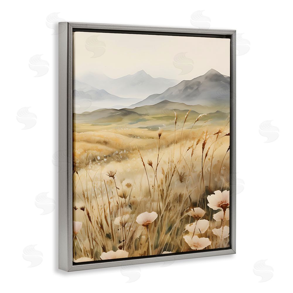 Petal Prints Design Mountain View Meadow Grey Floating Frame Canvas Wall Art Print