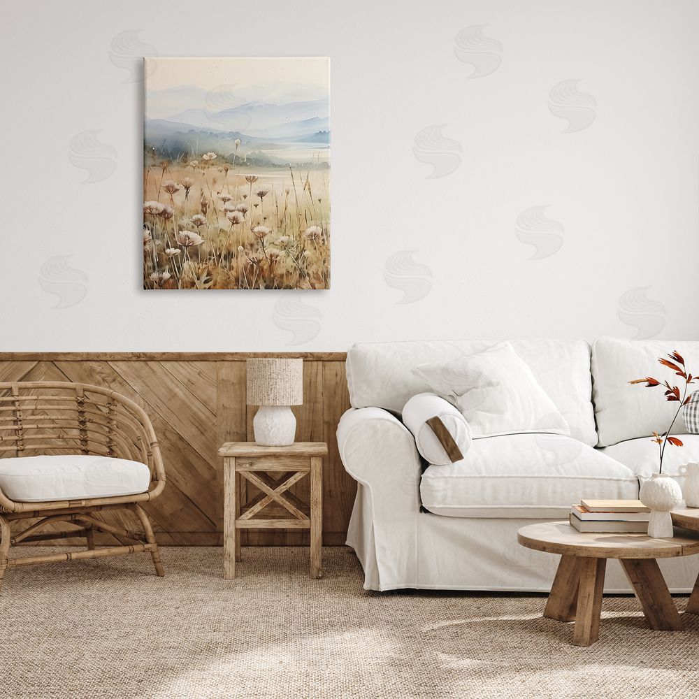 Petal Prints Design Meadow with Foggy Mountains Canvas Wall Art Print in Room