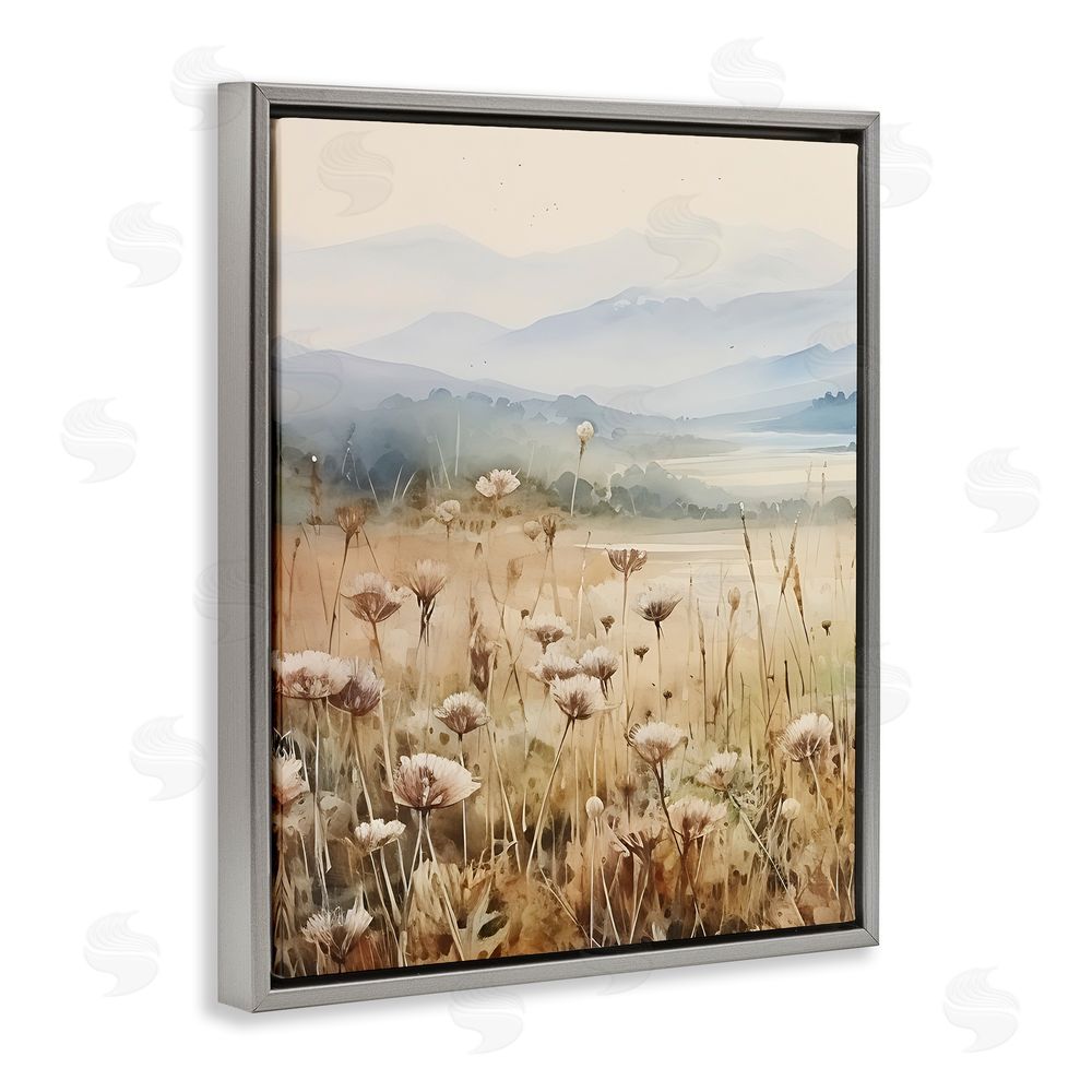Petal Prints Design Meadow with Foggy Mountains Grey Floating Frame Canvas Wall Art Print