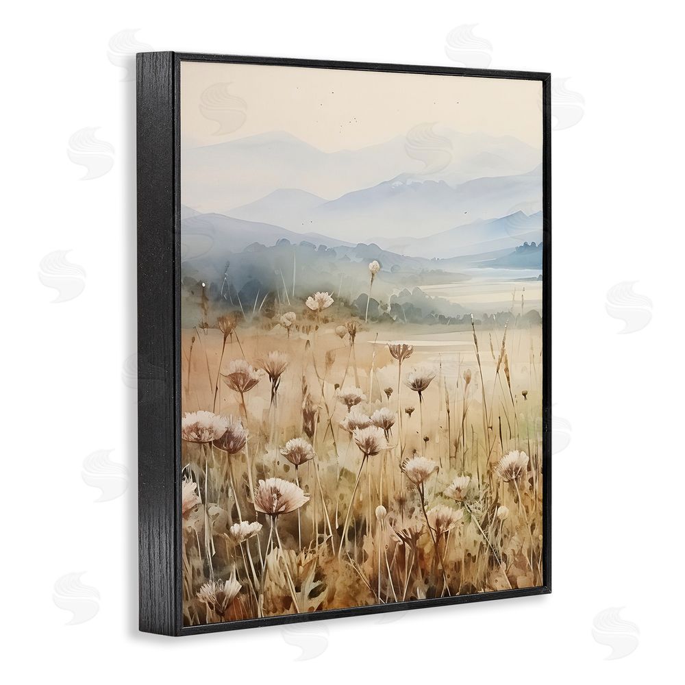 Petal Prints Design Meadow with Foggy Mountains Black Framed Giclee Wall Art Print