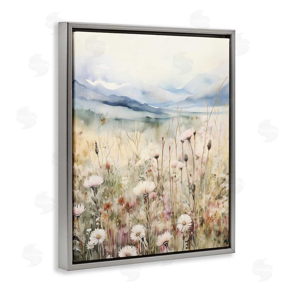 Petal Prints Design Rural Daisy Field Meadow Grey Floating Frame Canvas Wall Art Print