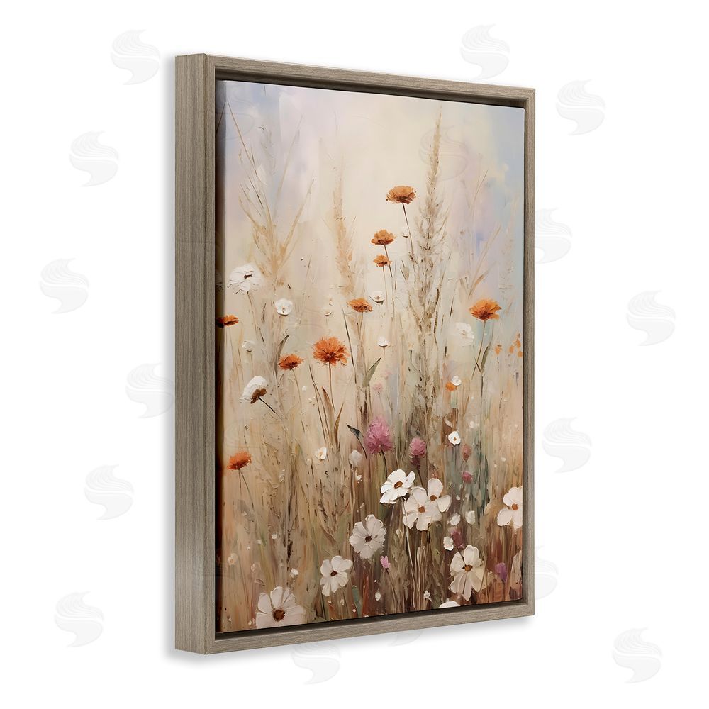 Petal Prints Design Wildflower Meadow Painting Brown Floating Frame Canvas Wall Art Print