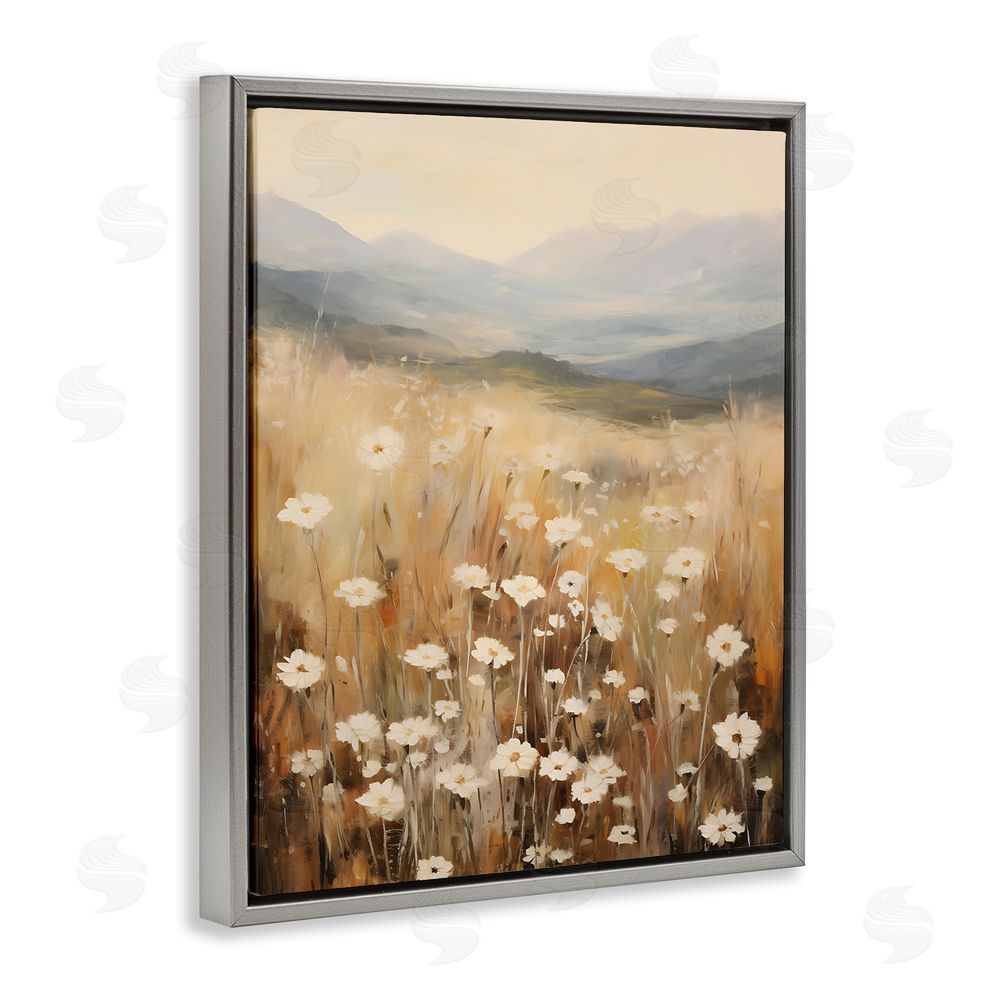 Petal Prints Design Mountain Valley Meadow Grey Floating Frame Canvas Wall Art Print