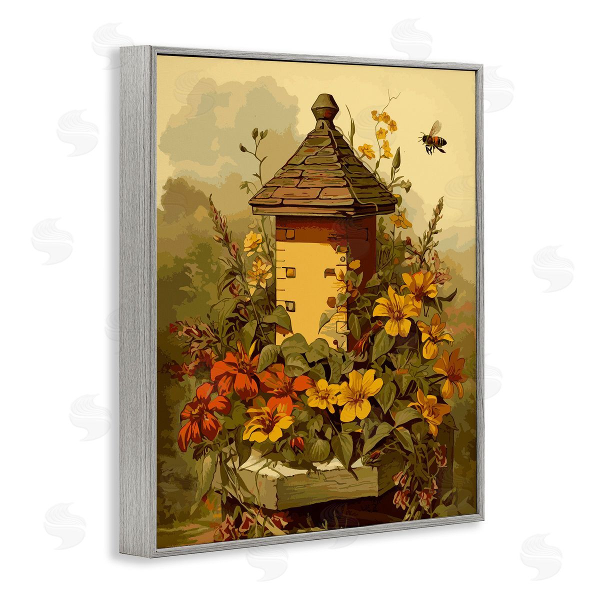 Bees & Floral Architecture Grey Frame Print Wall Art, Home Decor by Stupell Studio