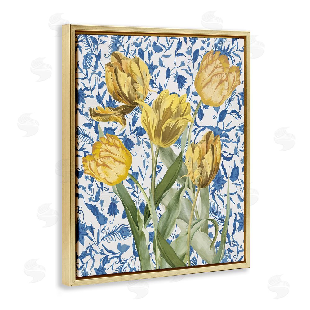 Stupell Studio Tulips on Blue Toile Gold Floating Frame Canvas Wall Art Print
