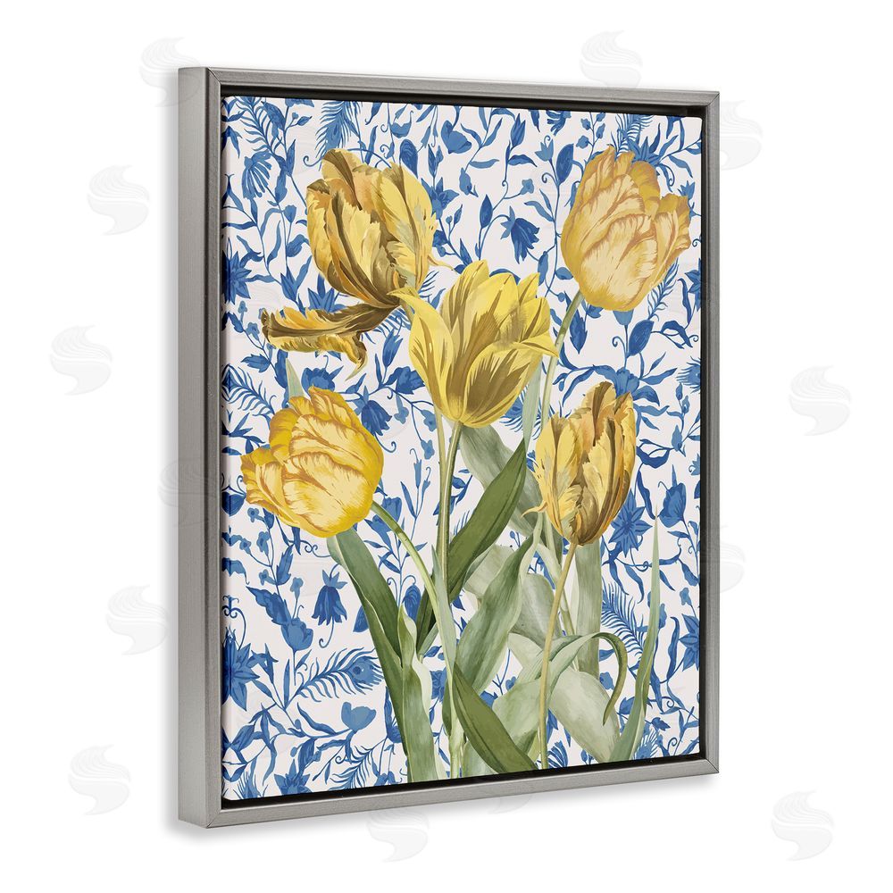 Stupell Studio Tulips on Blue Toile Grey Floating Frame Canvas Wall Art Print