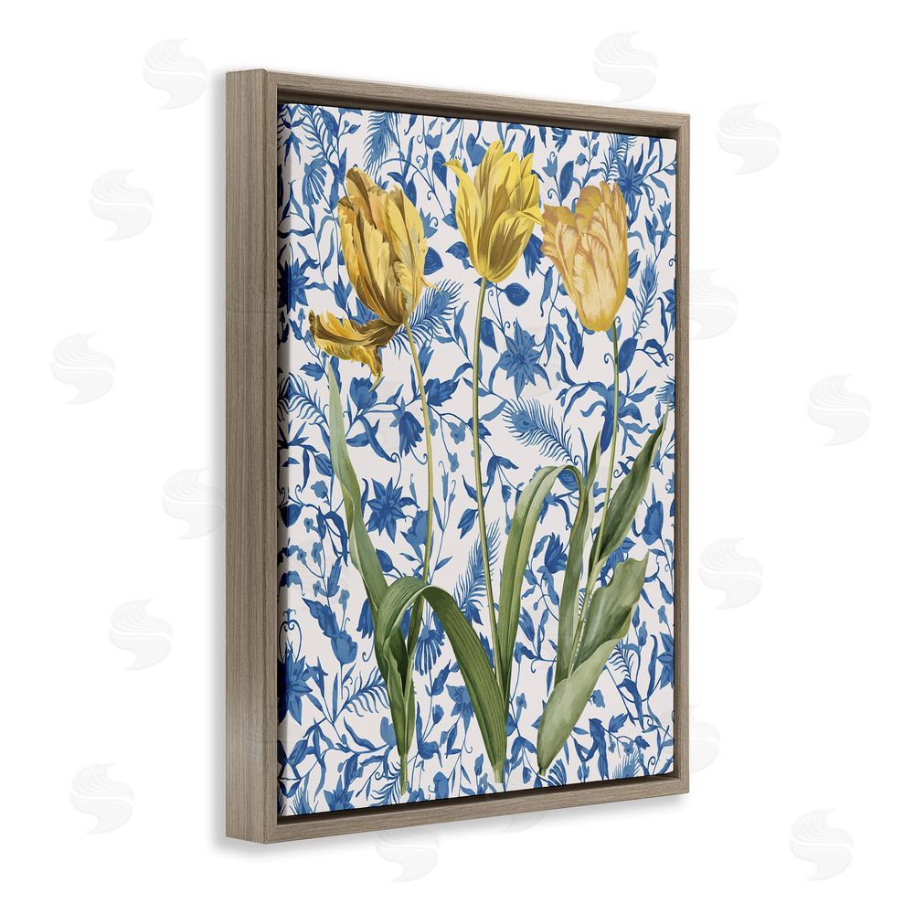 Stupell Studio Three Tulips on Toile Brown Floating Frame Canvas Wall Art Print