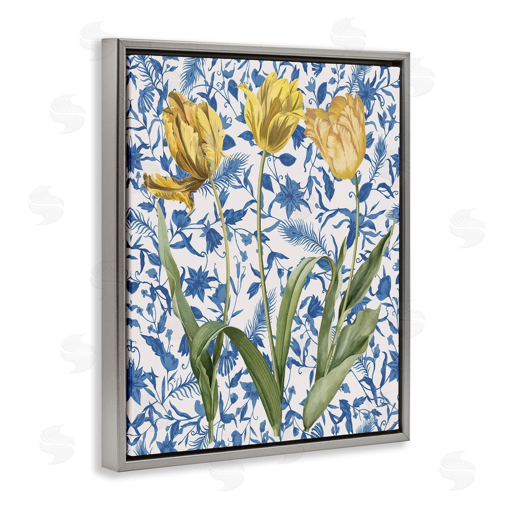 Stupell Studio Three Tulips on Toile Grey Floating Frame Canvas Wall Art Print