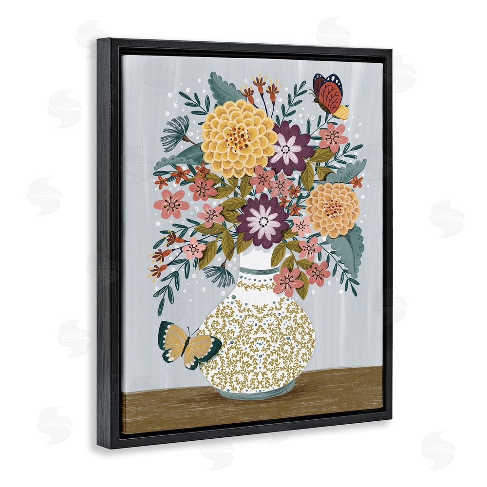 Raquel Maciel Dahlia Bouquet & Butterflies Black Floating Frame Canvas Wall Art Print