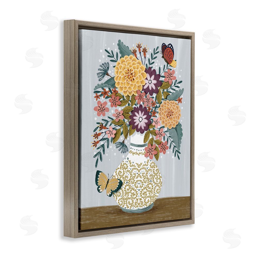 Raquel Maciel Dahlia Bouquet & Butterflies Brown Floating Frame Canvas Wall Art Print