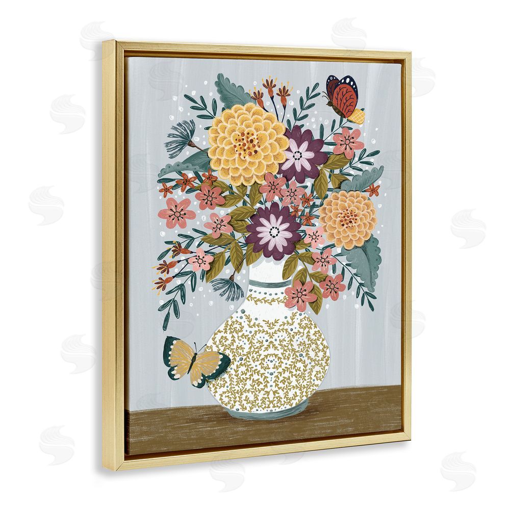 Raquel Maciel Dahlia Bouquet & Butterflies Gold Floating Frame Canvas Wall Art Print