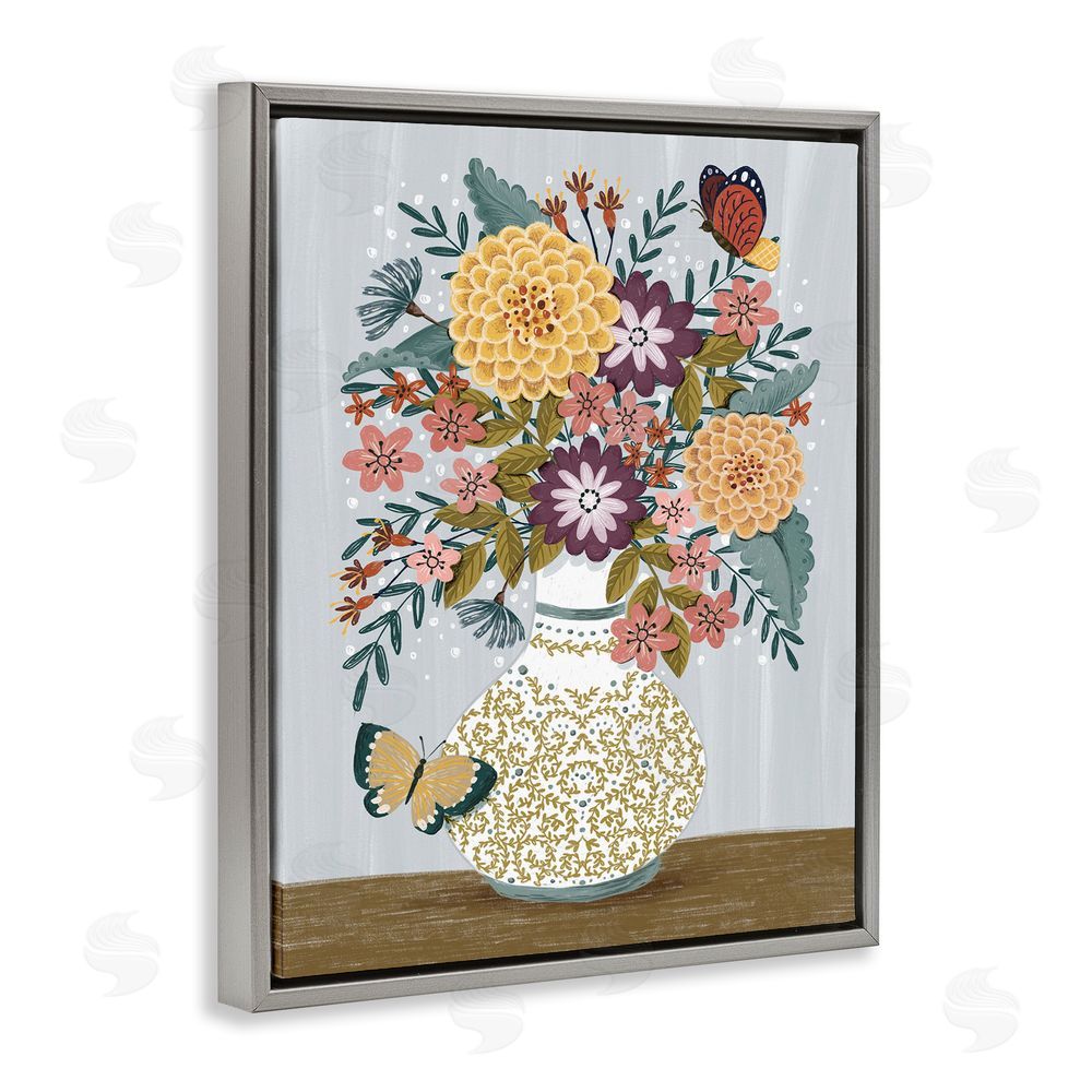 Raquel Maciel Dahlia Bouquet & Butterflies Grey Floating Frame Canvas Wall Art Print